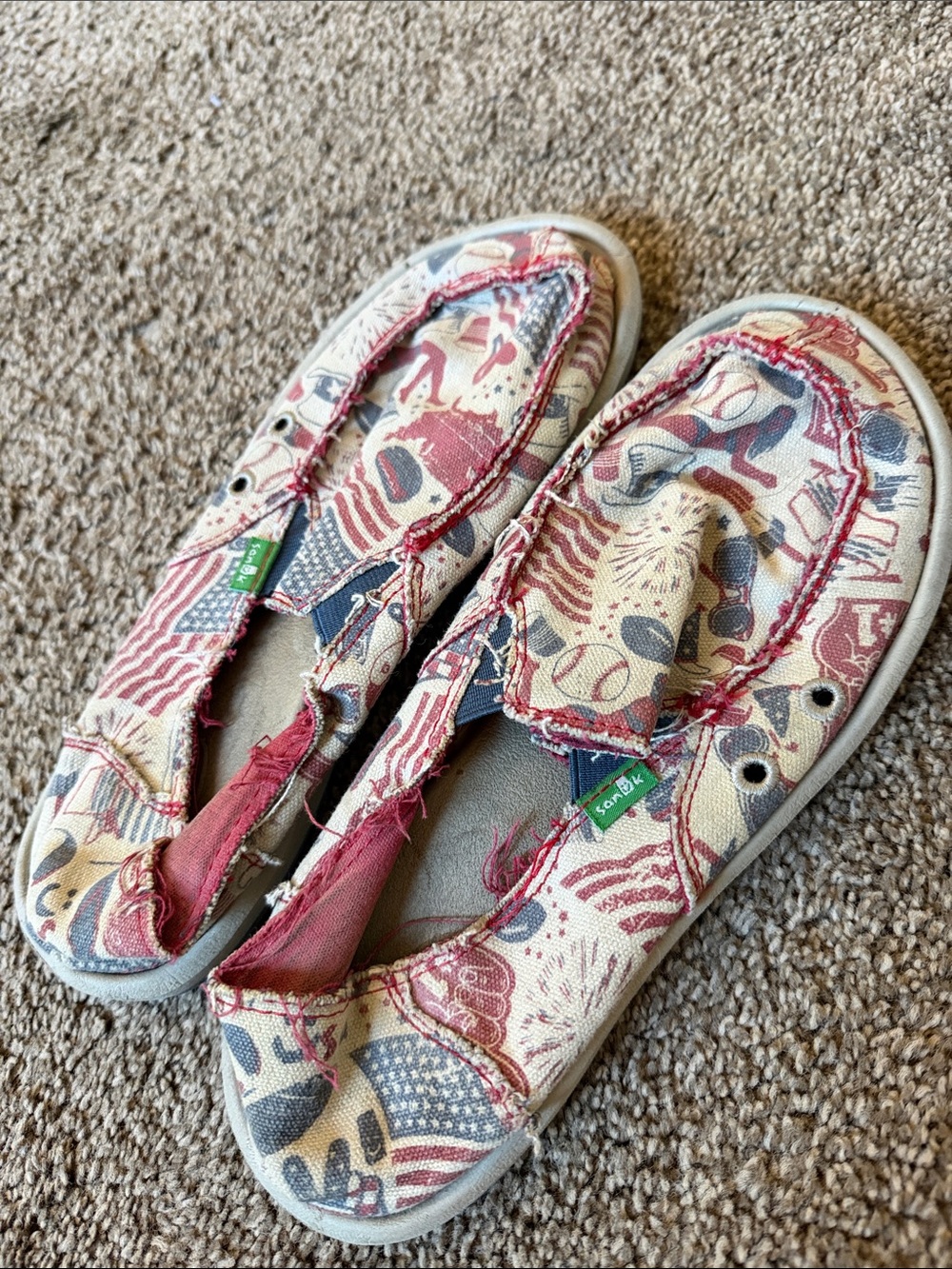 Sanuk Women’s Slip-On Moccasins in Red, Blue, and Cream